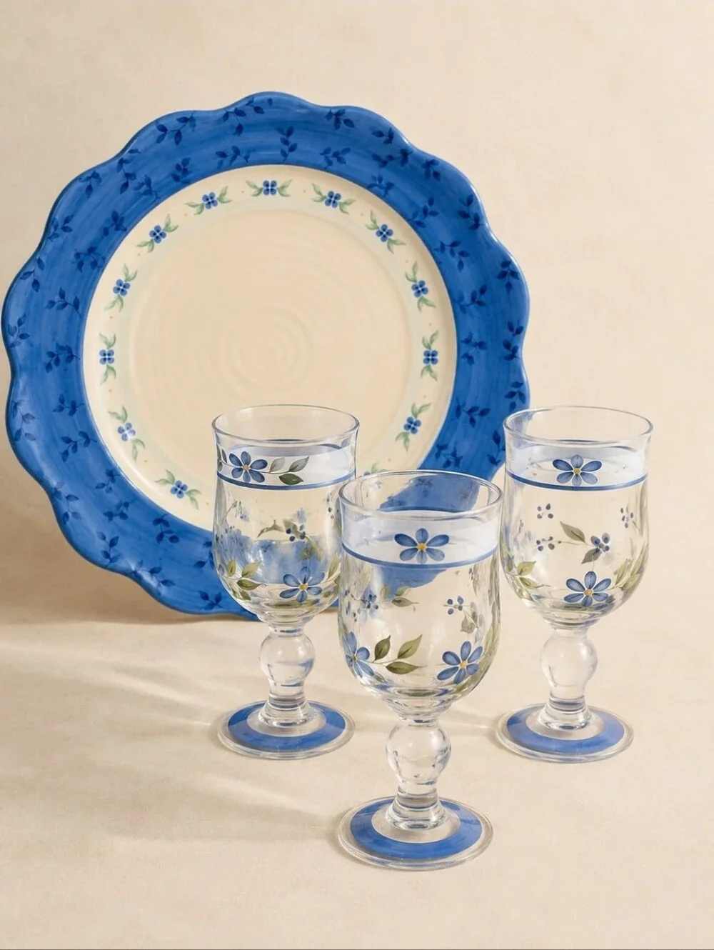 Vintage Hand Painted Blue Floral Glass Goblets Set of 3 Summer Breeze Style